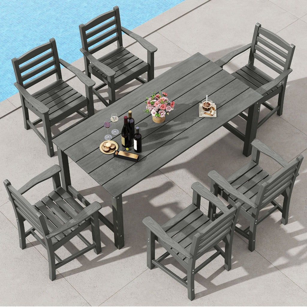 7 Pieces Outdoor Dining Table Set for 6 People 67 Inch HDPE Patio Rectangle Table and 6 Armchairs