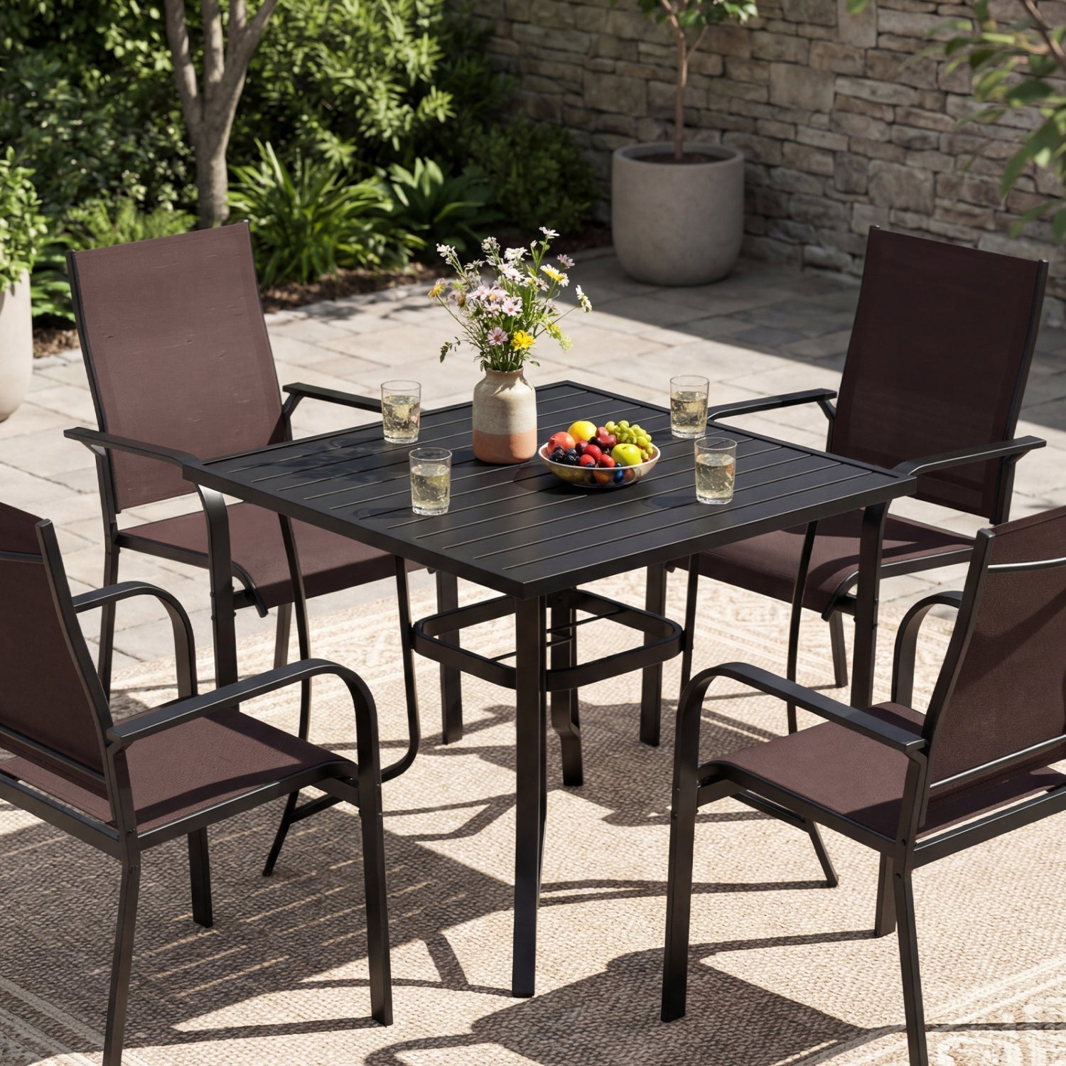 5 Pieces Patio Dining Set for 4 Outdoor Square Table and Stackable Chairs