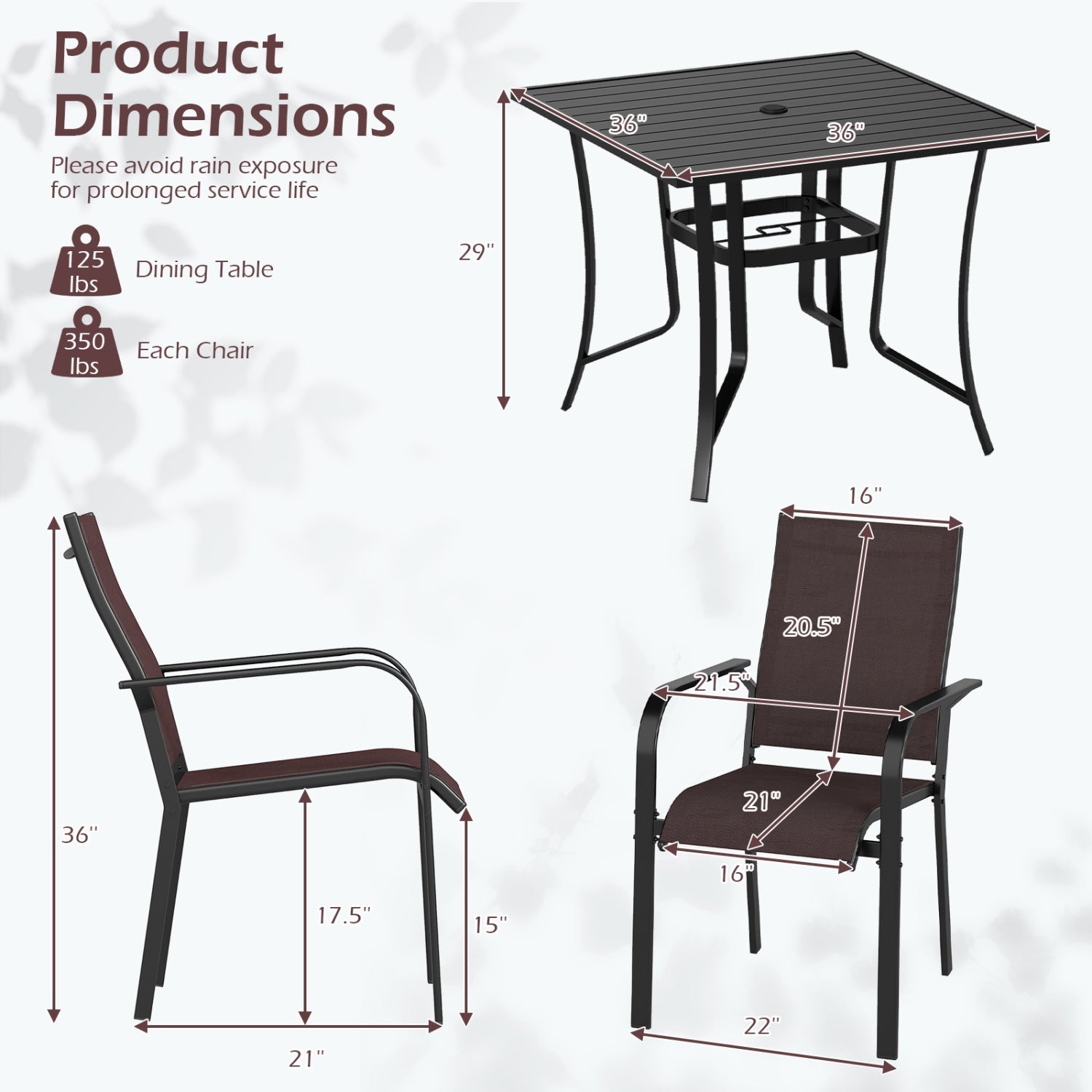 5 Pieces Patio Dining Set for 4 Outdoor Square Table and Stackable Chairs
