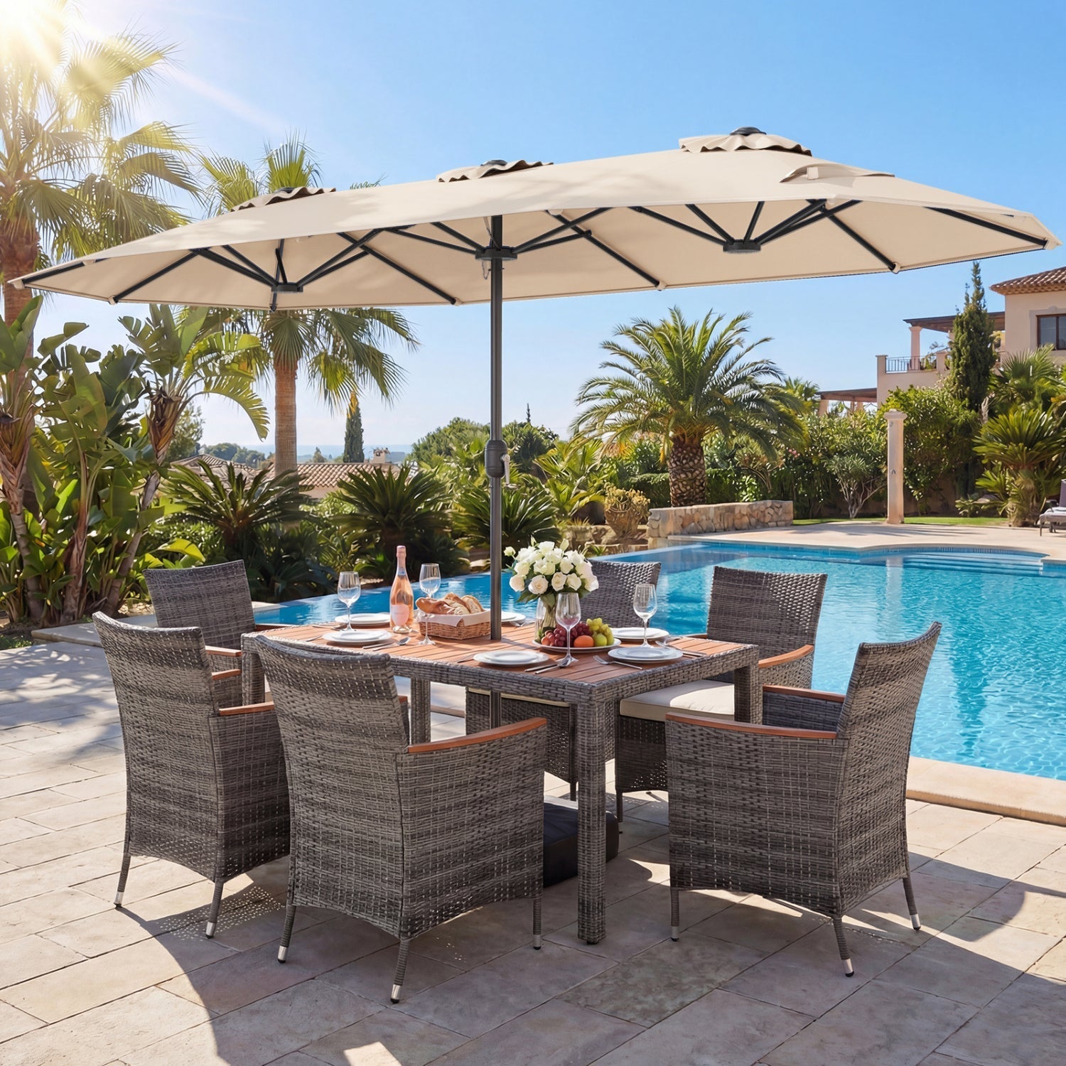 8-Piece Patio Dining Set with Double-Sided Market Umbrella