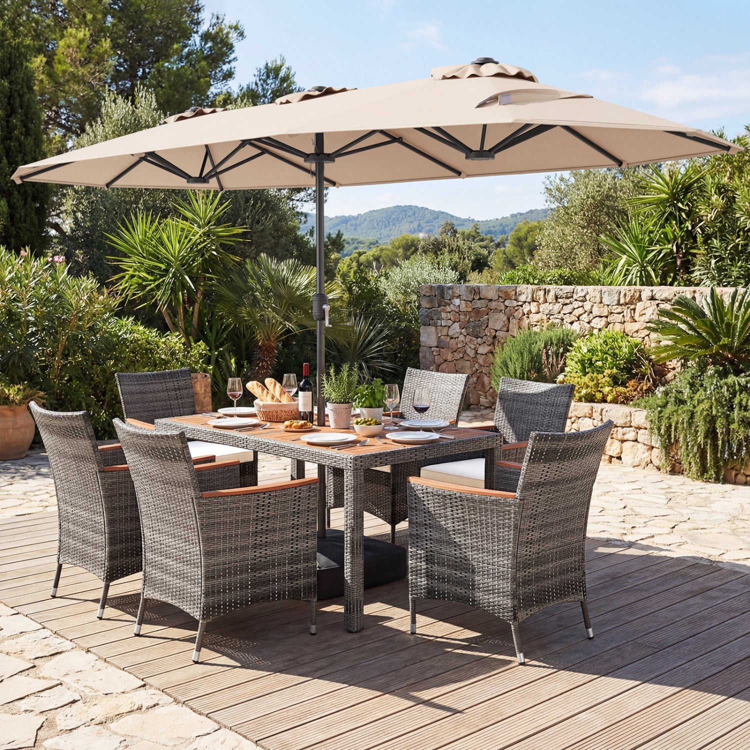 8-Piece Patio Dining Set with Double-Sided Market Umbrella