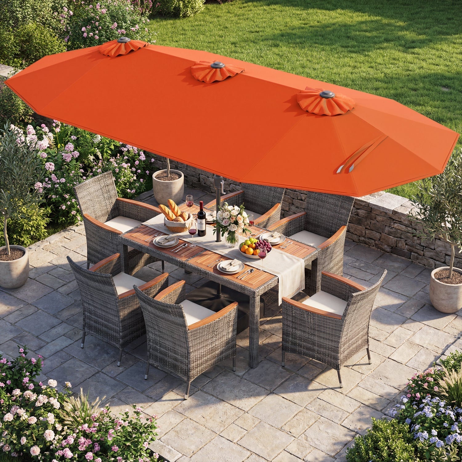 8 Pieces Outdoor Wicker Dining Furniture and 13.5 FT Double-Sided Patio Umbrella