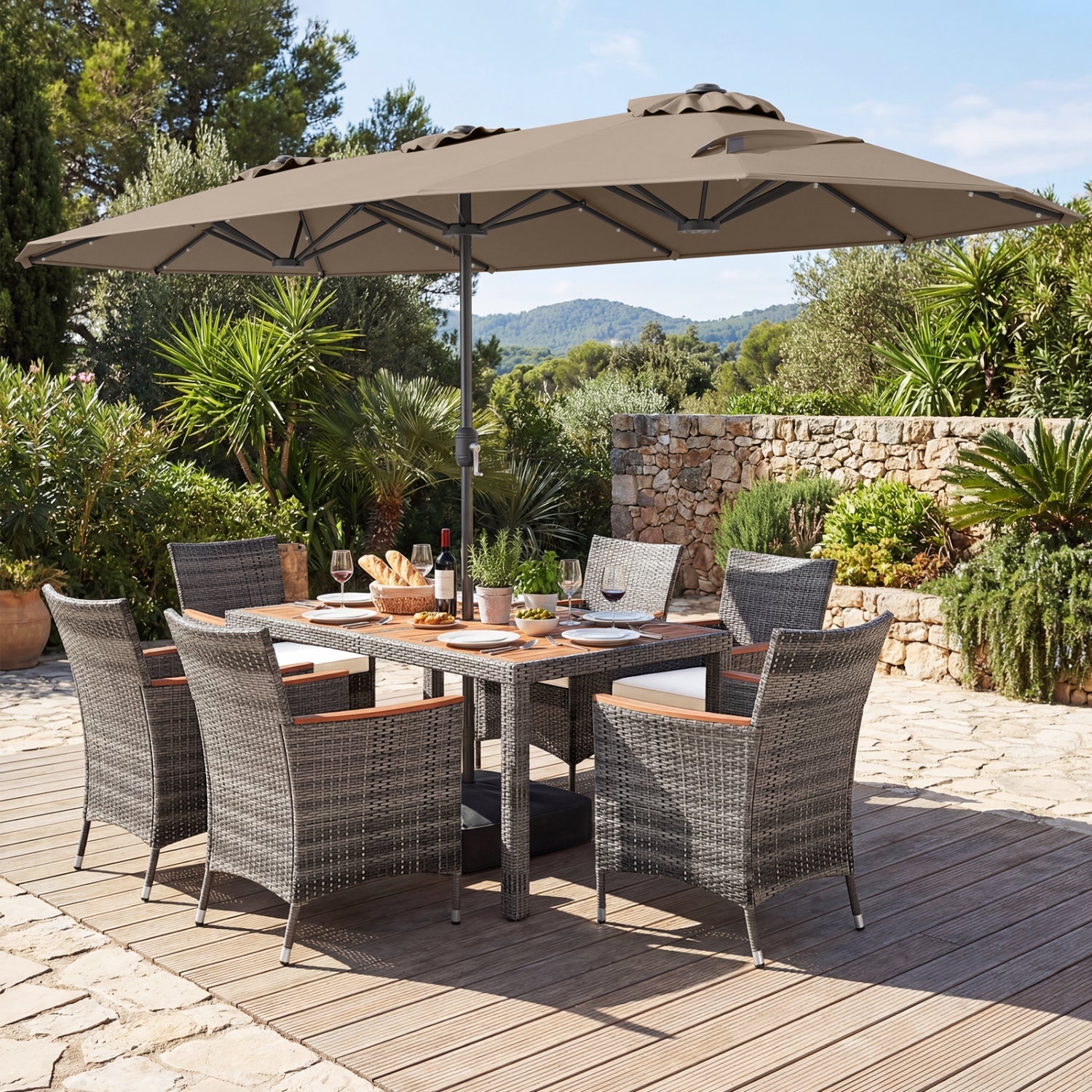 8 Pieces Outdoor Wicker Dining Furniture and 13.5 FT Double-Sided Patio Umbrella