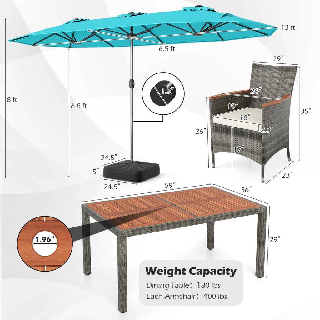 8 Pieces Outdoor Wicker Dining Furniture and 13.5 FT Double-Sided Patio Umbrella