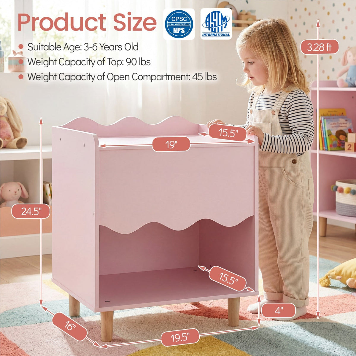 Toddler Scalloped Side Table with Wide Top & Open Compartment