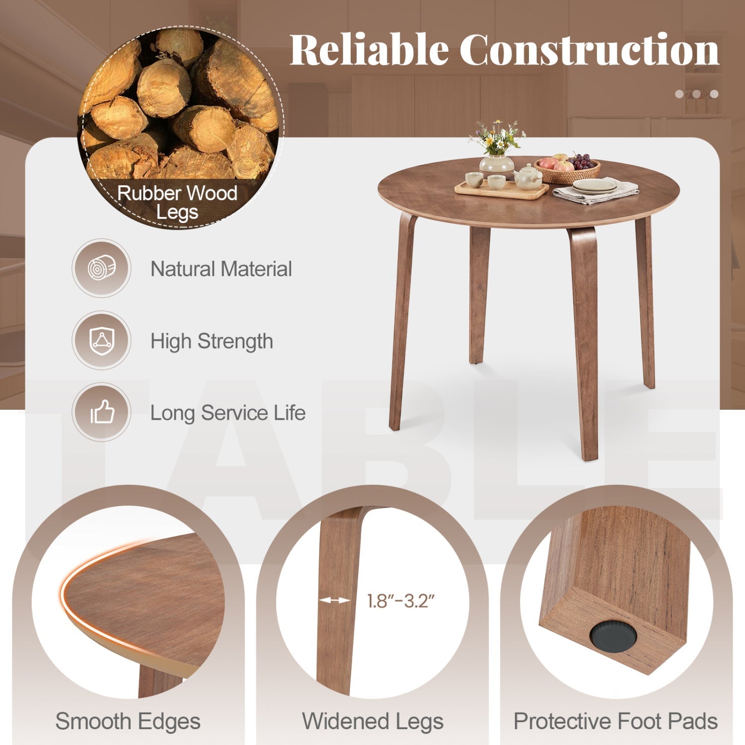 5 Piece Dining Table Set with 4 Padded Dining Chairs and Rubber Wood Table