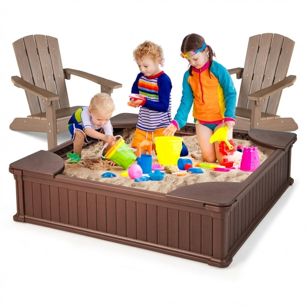 Kids Sandbox with Cover and Seats with 2 Kids Adirondack Chairs
