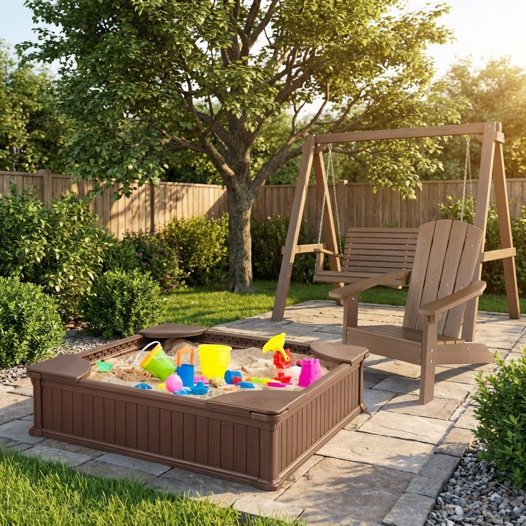 Kids Sandbox with Cover and Seats with 2 Kids Adirondack Chairs