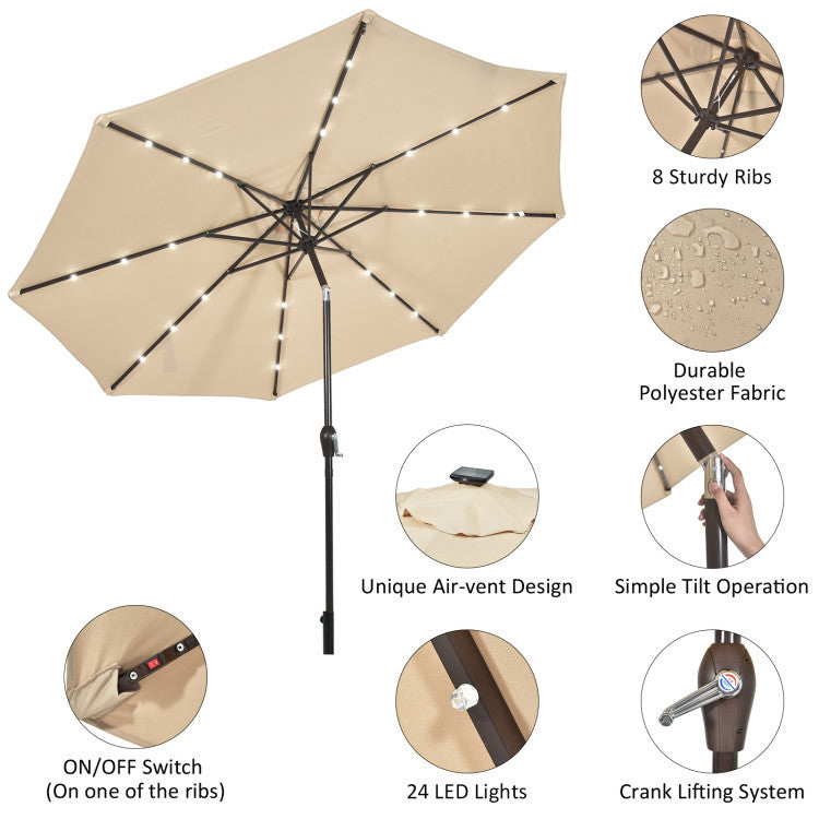 3-Piece Round Picnic Table Set with 10FT Solar LED Tilt Umbrella and Base for Patio Backyard