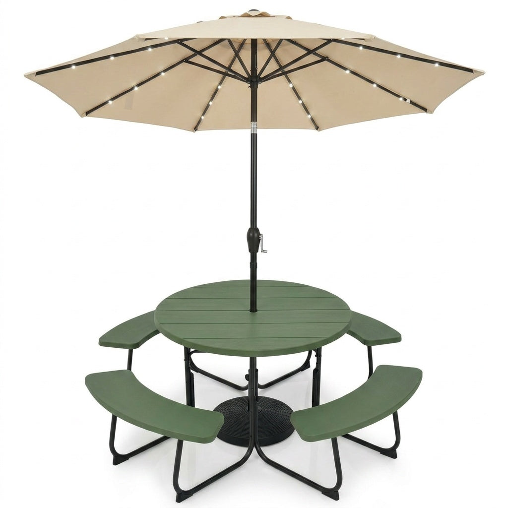 3-Piece Round Picnic Table Set with 10FT Solar LED Tilt Umbrella and Base for Patio Backyard