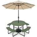 3-Piece Round Picnic Table Set with 10FT Solar LED Tilt Umbrella and Base for Patio Backyard