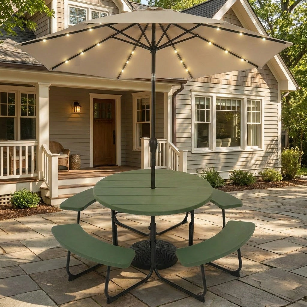 3-Piece Round Picnic Table Set with 10FT Solar LED Tilt Umbrella and Base for Patio Backyard