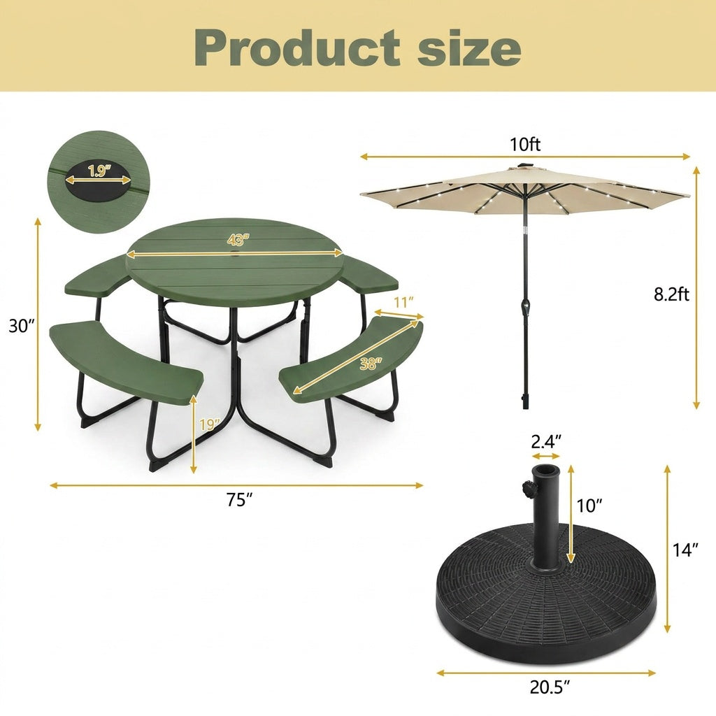 3-Piece Round Picnic Table Set with 10FT Solar LED Tilt Umbrella and Base for Patio Backyard