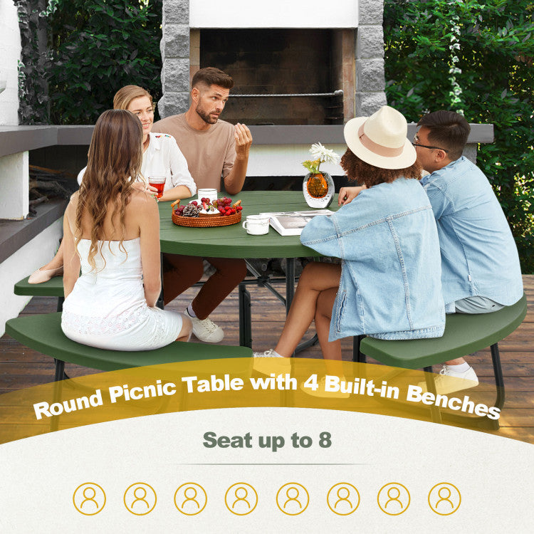3-Piece Round Picnic Table Set with 10FT Solar LED Tilt Umbrella and Base for Patio Backyard