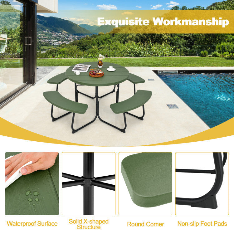3-Piece Round Picnic Table Set with 10FT Solar LED Tilt Umbrella and Base for Patio Backyard