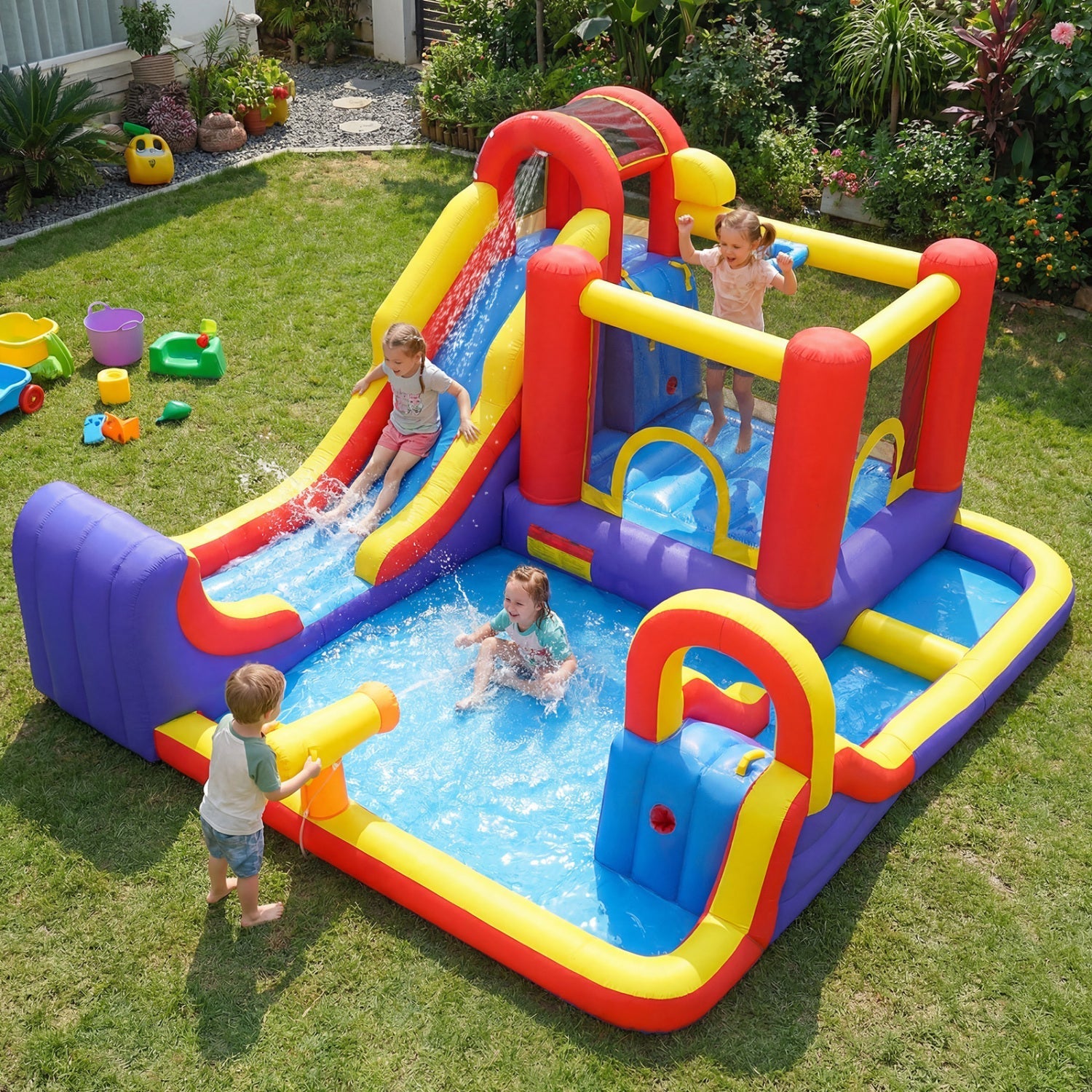 7-in-1 Inflatable Water Slide Bounce House with Dual Slides