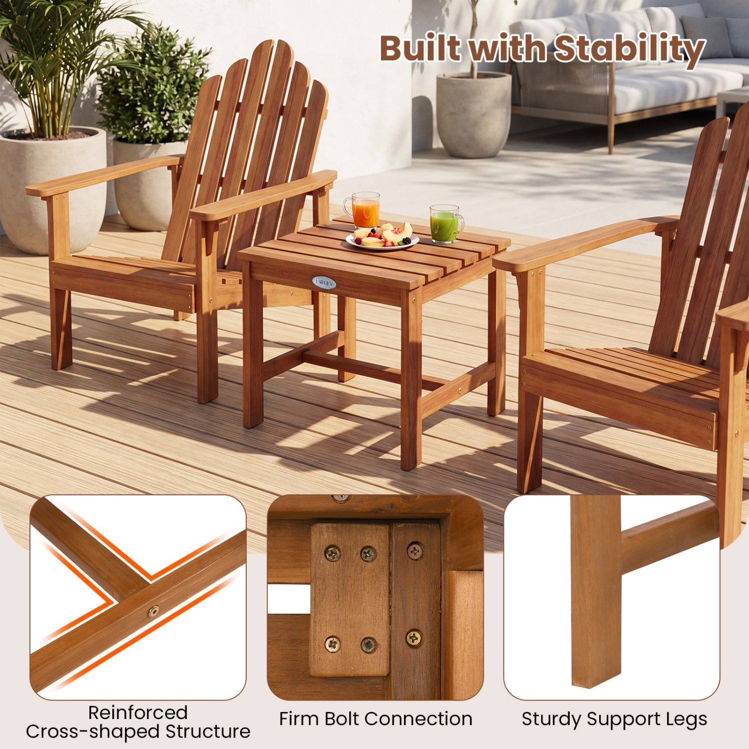 Adirondack Chair Set of 2 with Side Table - Acacia Wood