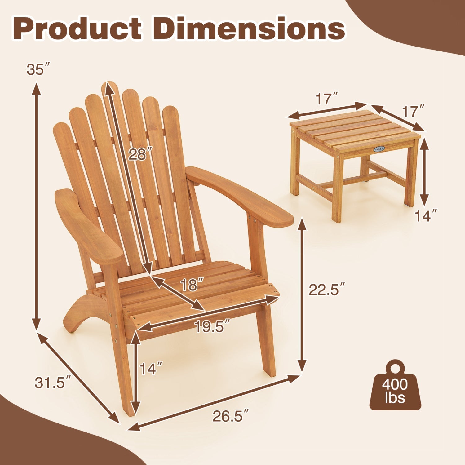 Adirondack Chair Set of 2 with Side Table - Acacia Wood
