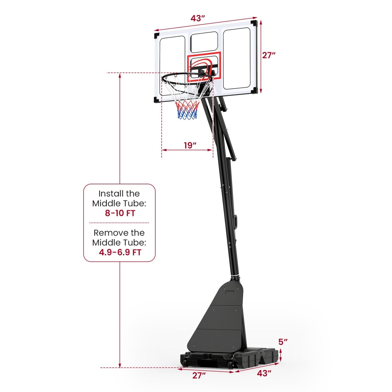 Portable Basketball Hoop Adjustable 4.9-10 Feet with Base