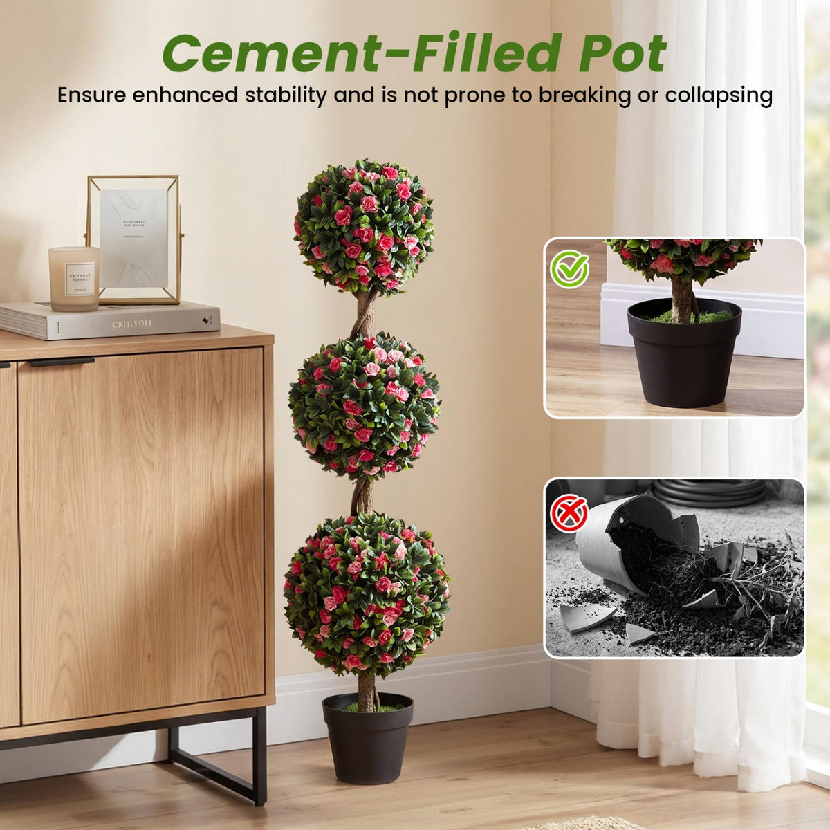 Artificial Triple Ball Rose Topiary Tree 43.5" - Set of 2