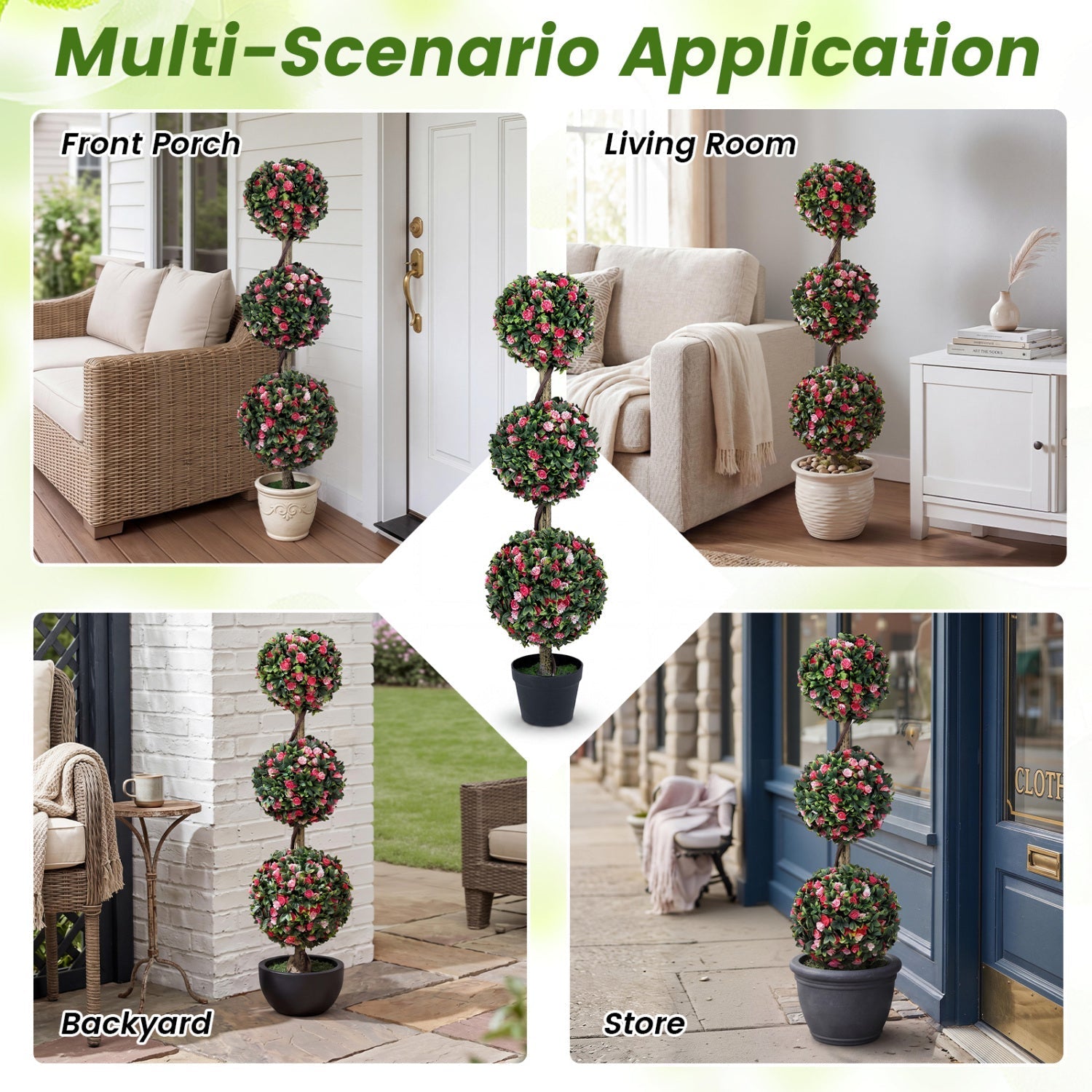 Artificial Triple Ball Rose Topiary Tree 43.5" - Set of 2