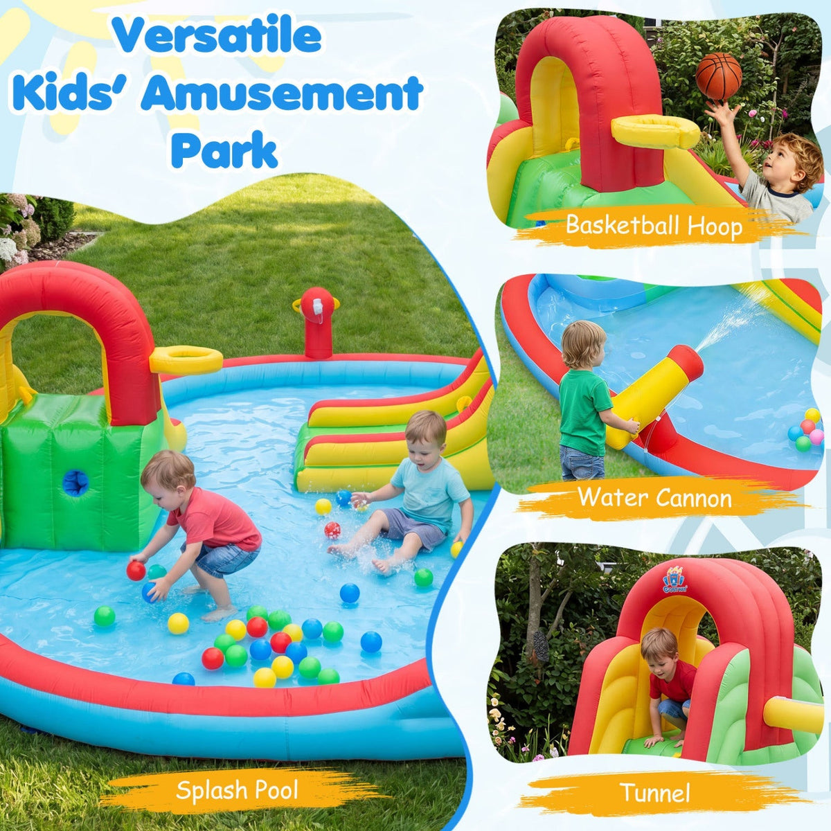 Inflatable Water Park with 3 Slides and Splash Pool