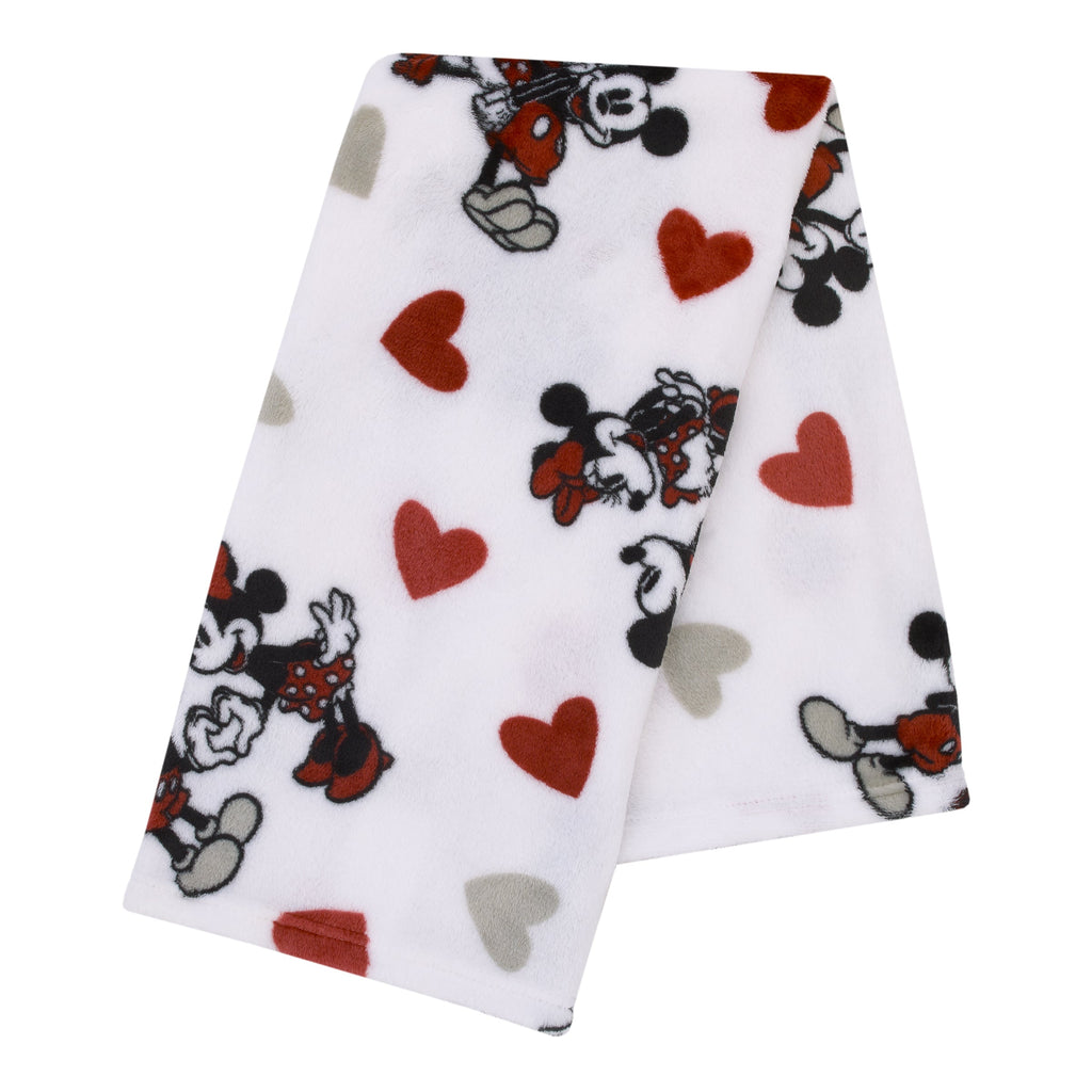 Mickey Mouse & Minnie Mouse Red, Gray, and White Valentine Hearts Super Soft Plush Baby Blanket