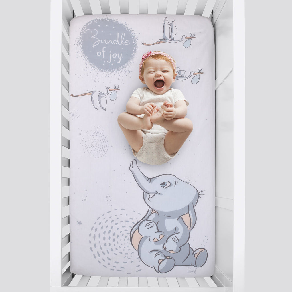 Disney Dumbo Sweet Little Baby Light Blue and White Storks "Bundle of Joy" 100% Cotton Photo Op Nursery Fitted Crib Sheet