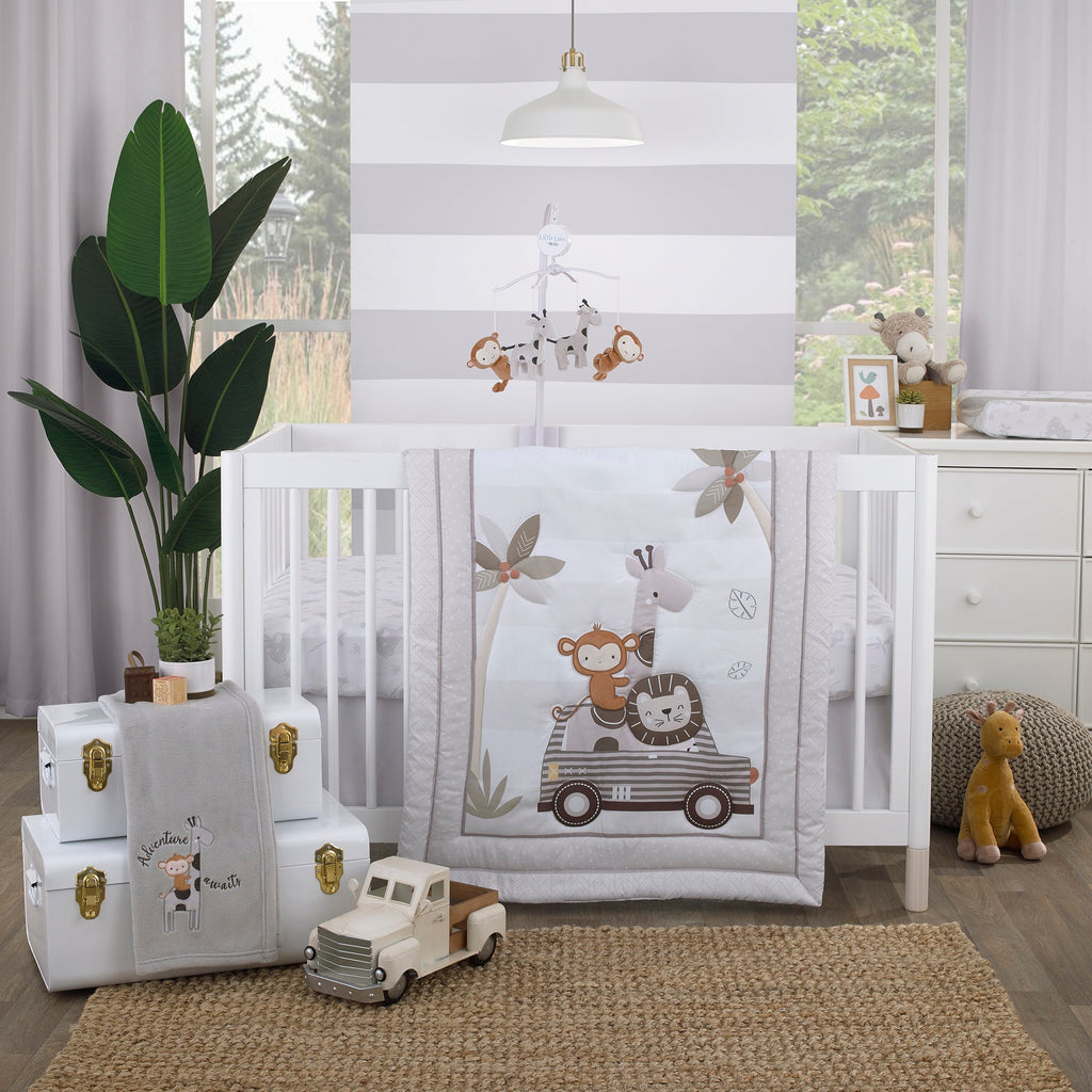 Jungle Ride Grey, White and Tan, Monkey, Giraffe and Lion Super Soft Fitted Crib Sheet