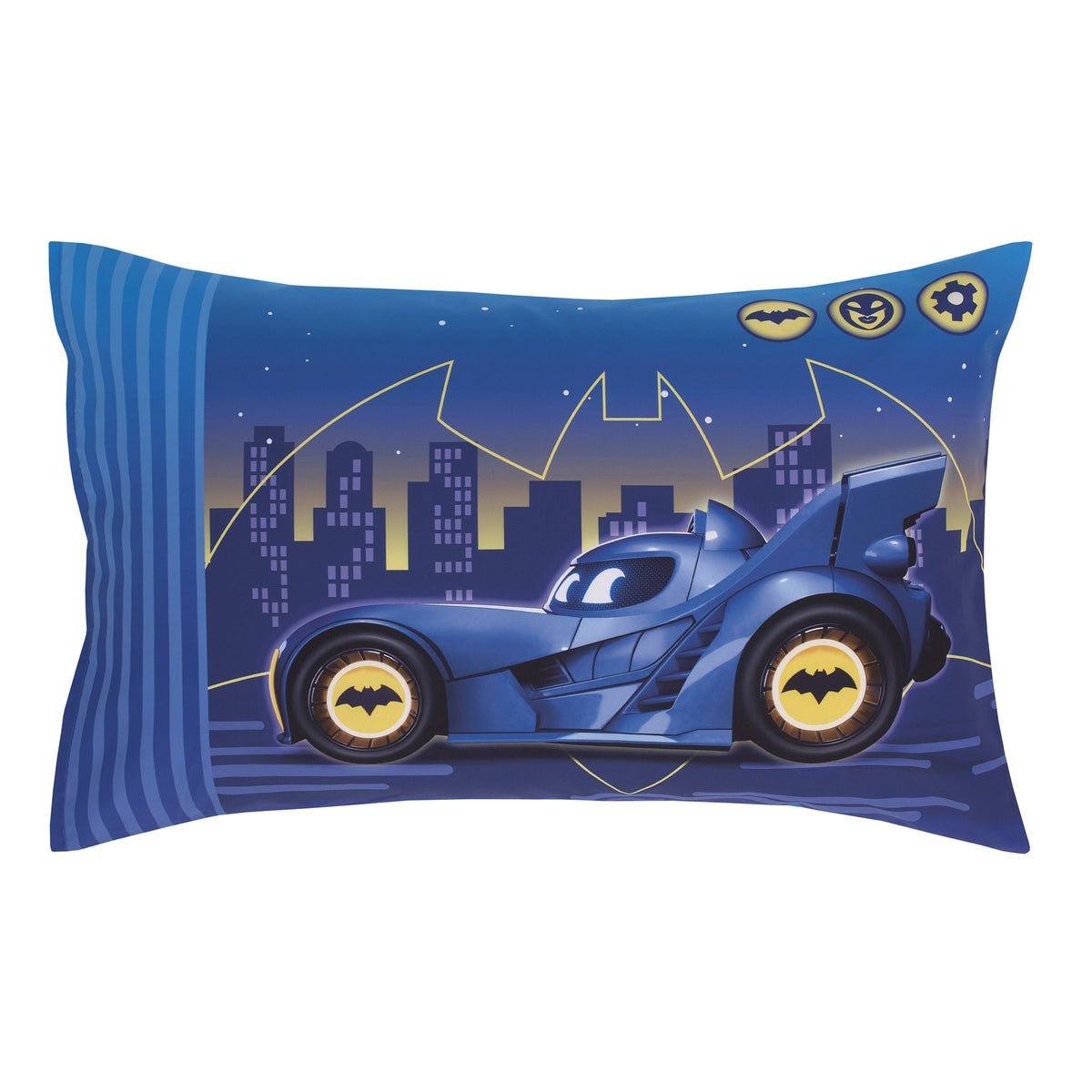Warner Bros  Batwheels Ready to Roll Blue, Red, and Yellow 4 Piece Toddler Bed Set - Comforter, Fitted Bottom Sheet, Flat Top Sheet and Reversible Pillowcase