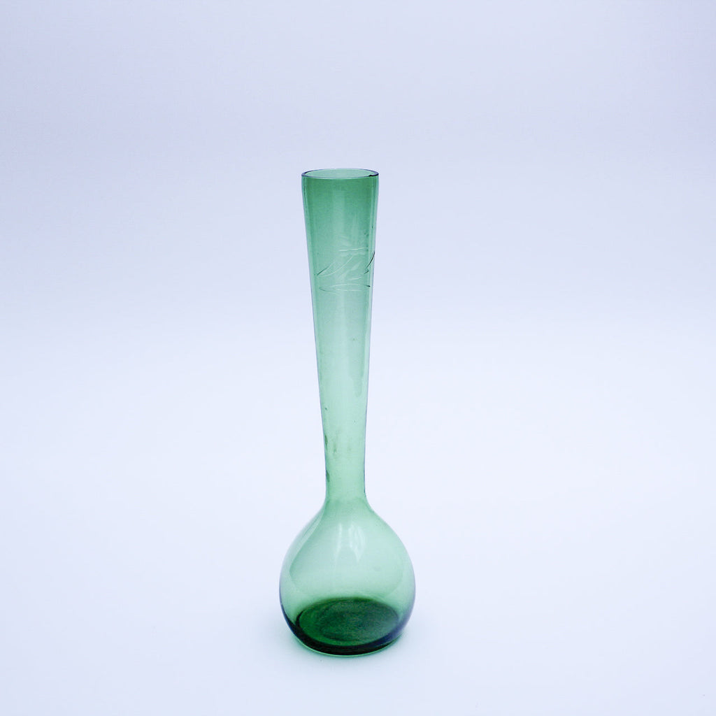 Hand‑blown Green Glass Bud Vase with Floral Etching — 8.5" H
