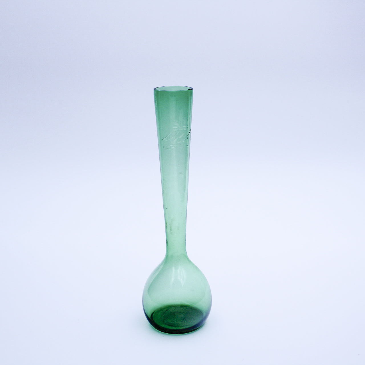 Hand‑blown Green Glass Bud Vase with Floral Etching — 8.5" H