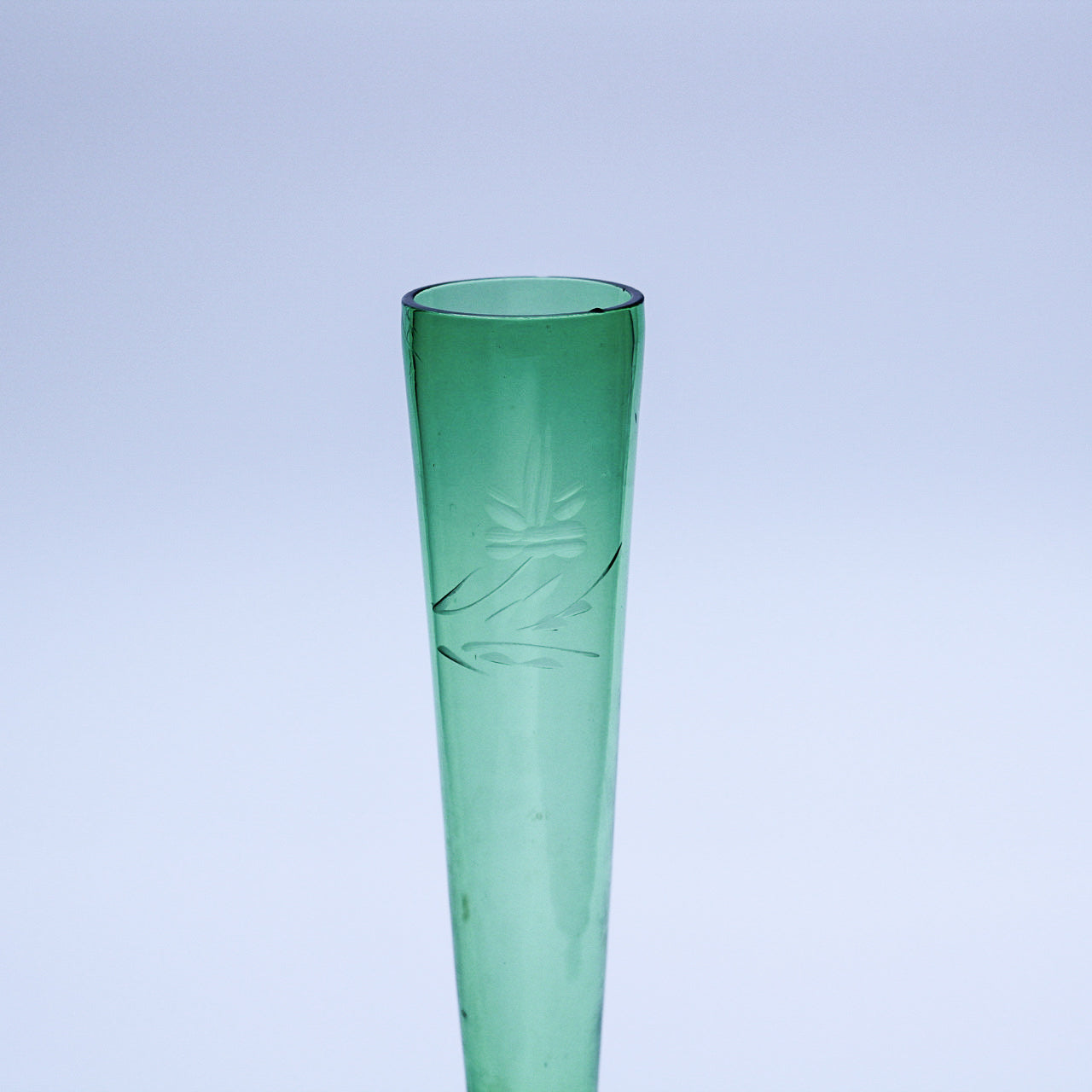 Hand‑blown Green Glass Bud Vase with Floral Etching — 8.5" H