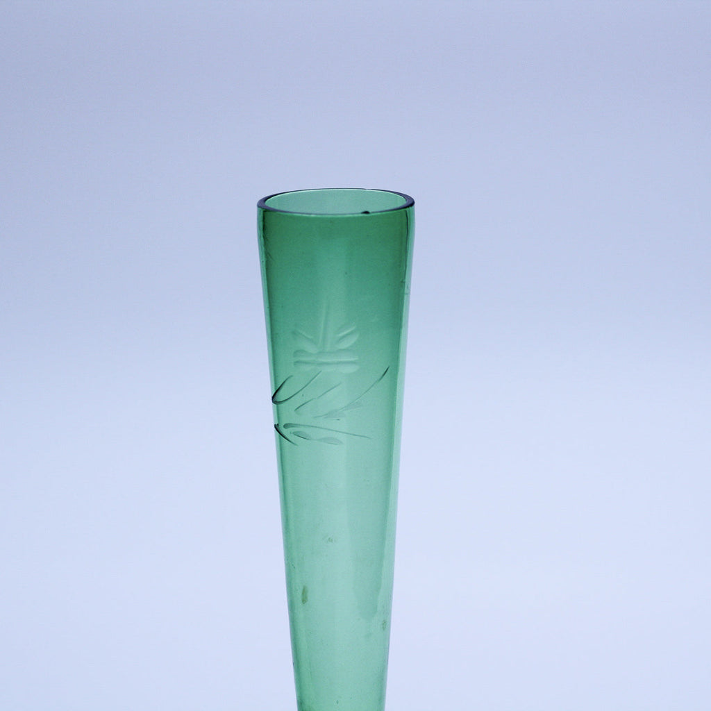 Hand‑blown Green Glass Bud Vase with Floral Etching — 8.5" H