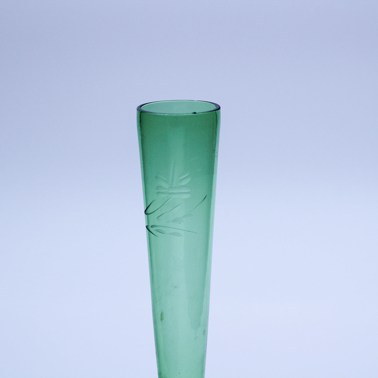 Hand‑blown Green Glass Bud Vase with Floral Etching — 8.5" H