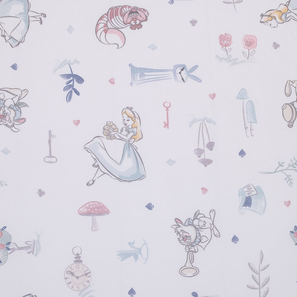 Disney Alice in Wonderland Light Blue, Pink, and White, Rabbit, and Cheshire Cat Super Soft Nursery Fitted Mini Crib Sheet