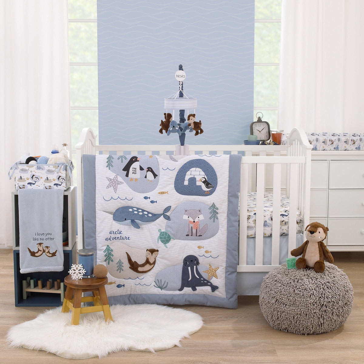 Arctic Adventure Light Blue, White, Navy and Taupe Whales, Penguins, Walrus and Otters Super Soft Contoured Changing Pad Cover