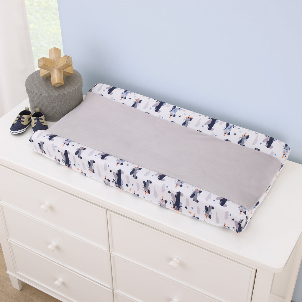 Soar High Little One Gray, Navy, Light Blue, and White Airplanes Contoured Changing Pad Cover