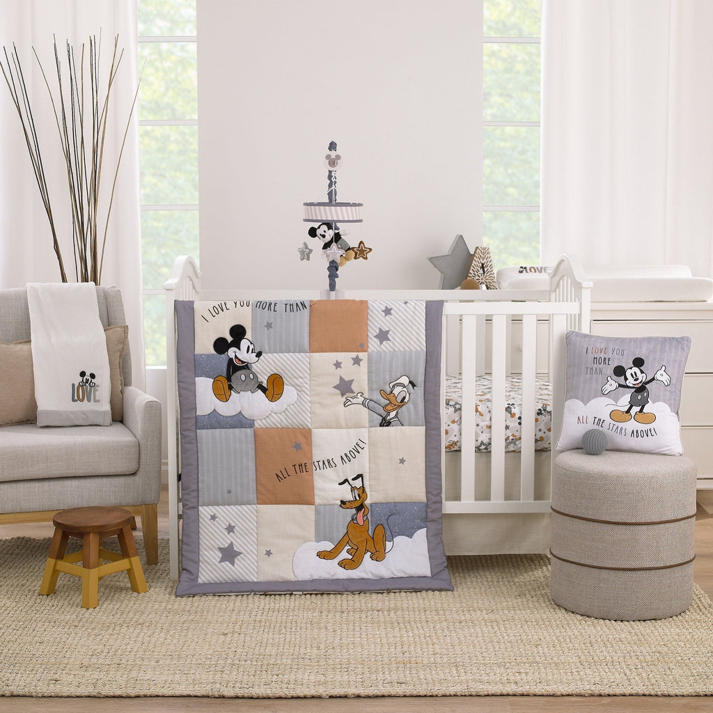 Mickey Mouse Love Mickey Gray, White, Black, and Tan I Love You More Than All The Stars Above Applique Decorative Pillow