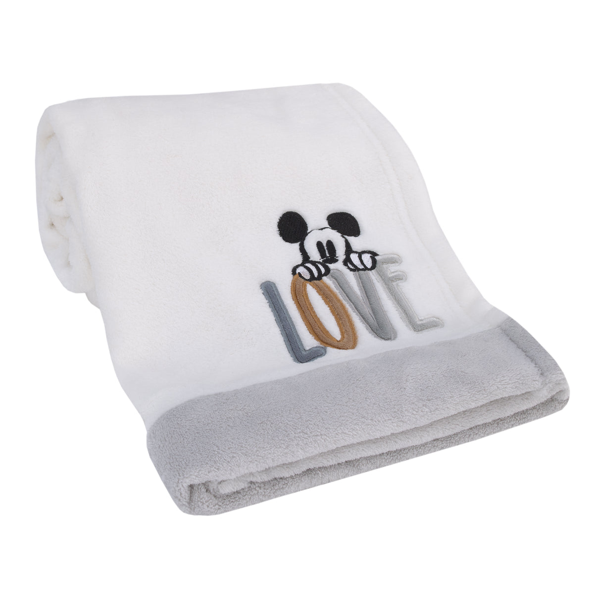 Mickey Mouse Love Mickey White, Gray, and Tan Love Applique Super Soft Baby Blanket
