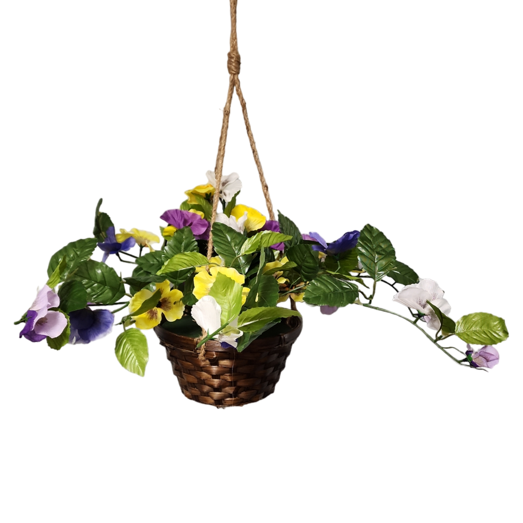 Trailing Pansy Flowers in 8" Hanging Bamboo Basket -