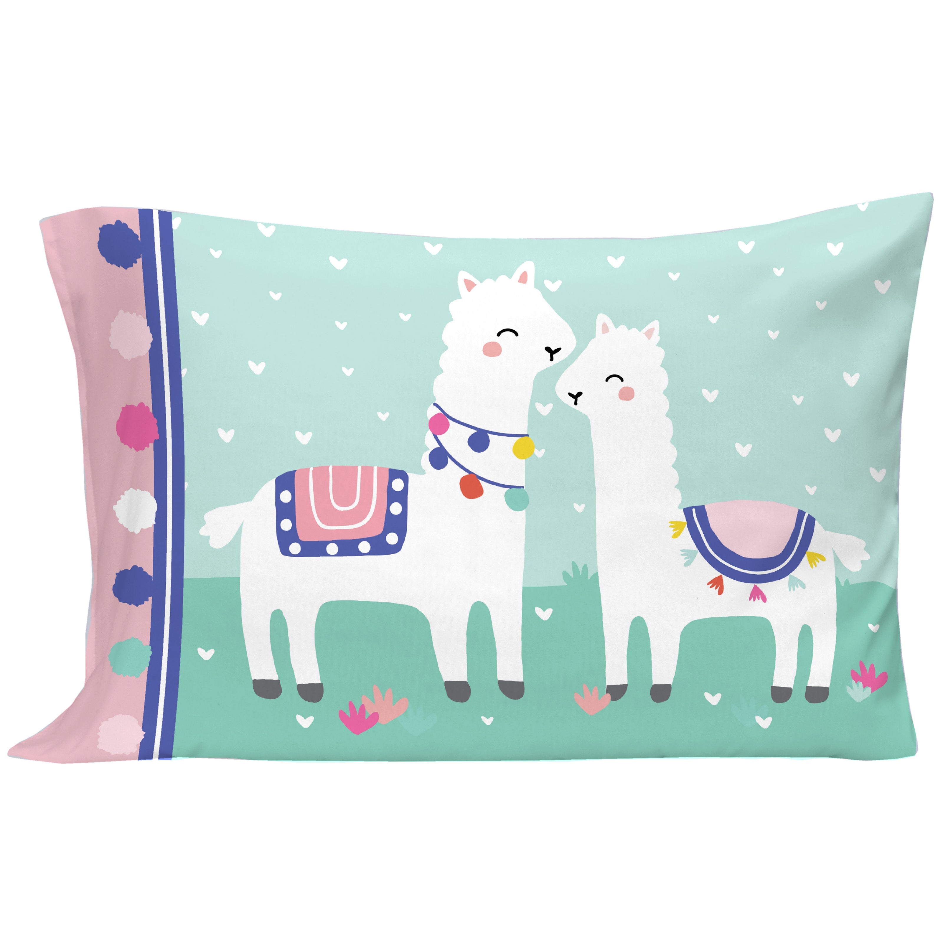 Everything Kids Pink and Mint Llama 4 Piece Toddler Bed Set - Comforter, Fitted Bottom Sheet, Flat Top Sheet, Reversible Pillowcase