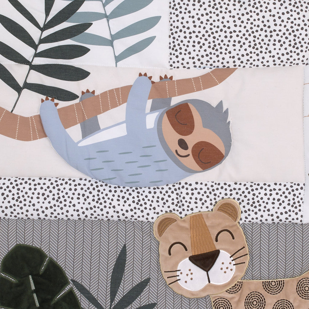 Jungle Paradise Green, Gray, and Tan Lion, Sloth, and Leopard Palm Leaf 4 Piece Nursery Crib Bedding Set - Comforter, 100% Cotton Fitted Sheet, Crib Skirt, and Storage Caddy