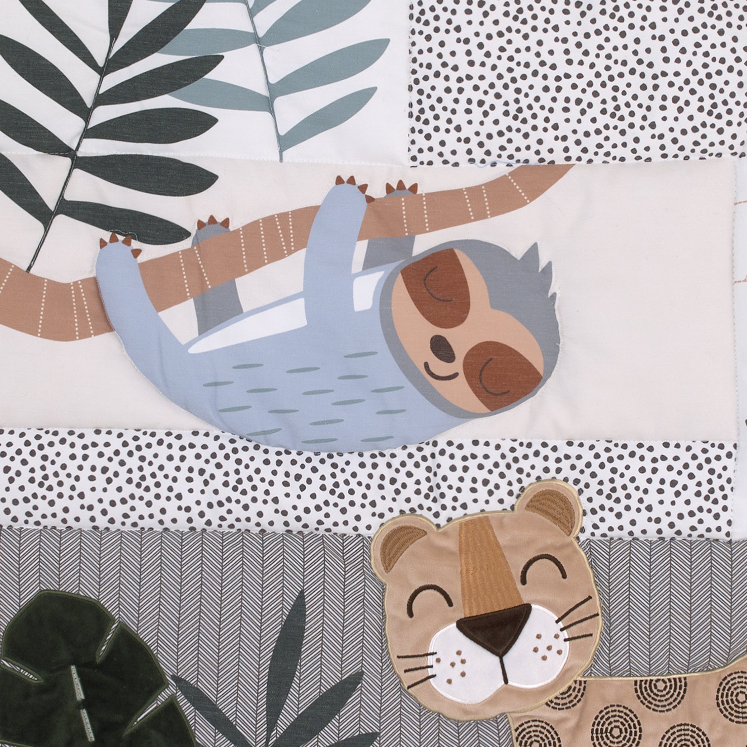 Jungle Paradise Green, Gray, and Tan Lion, Sloth, and Leopard Palm Leaf 4 Piece Nursery Crib Bedding Set - Comforter, 100% Cotton Fitted Sheet, Crib Skirt, and Storage Caddy