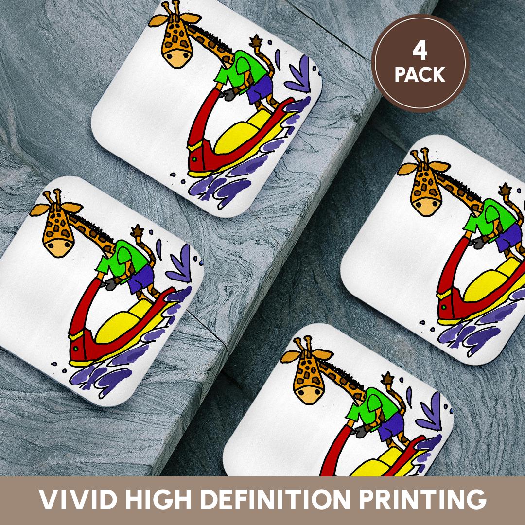 3dRose All Smiles Art Sports and Hobbies - Cute Funny Giraffe Jet Skiing Beach Cartoon - Coasters