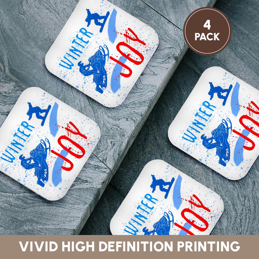 3dRose Alexis Design - Sport Winter - Snowmobile, Snowboard, Snow. Winter Joy Colorful Text. Winter Sport - Coasters
