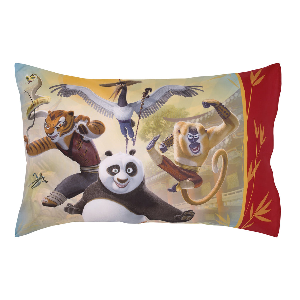 Kung Fu Panda Dragon Warrior Red and Gold Po and Friends 4 Piece Toddler Bed Set - Comforter, Fitted Bottom Sheet, Flat Top Sheet, and Reversible Pillowcase