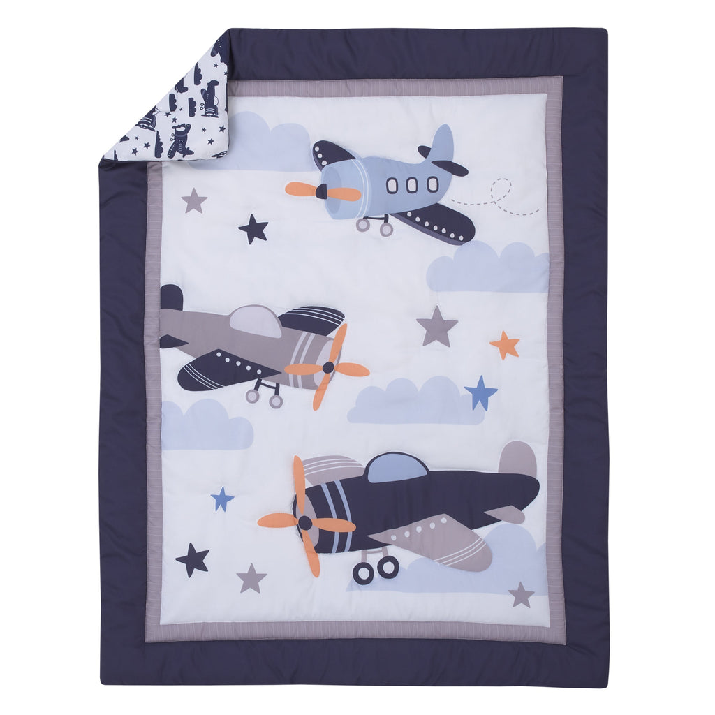 Soar High Little One Navy, Light Blue, Orange, and White Airplanes, Clouds, and Stars 3 Piece Nursery Mini Crib Bedding Set - Comforter, and Two Fitted Mini Crib Sheets