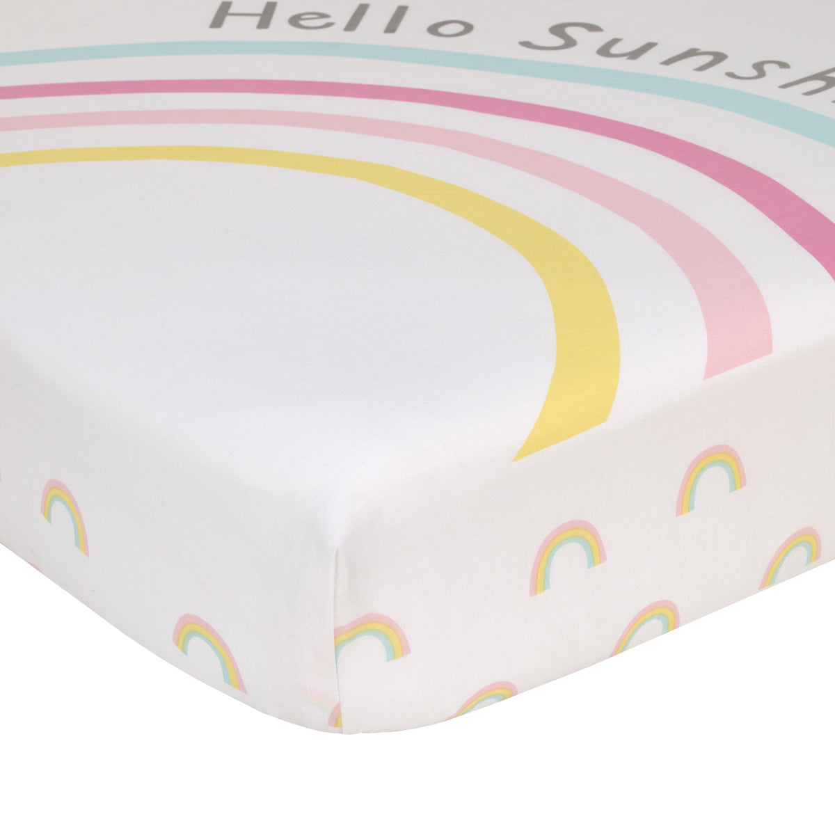 Happy Days Pink, Yellow, Blue and White, Rainbows and Hello Sunshine 100% Cotton Photo Op Nursery Fitted Crib Sheet