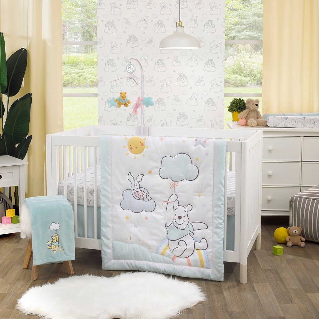 Disney Winnie the Pooh Hello Sunshine Grey and White Super Soft Contoured Changing Pad Cover with Plush Aqua Fleece Center Panel